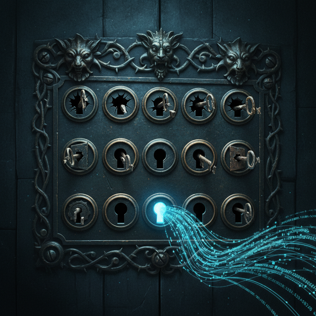 An illustration of a door with a broken 10-keyhole lock, contrasted with a single digital keyhole representing the SPF e