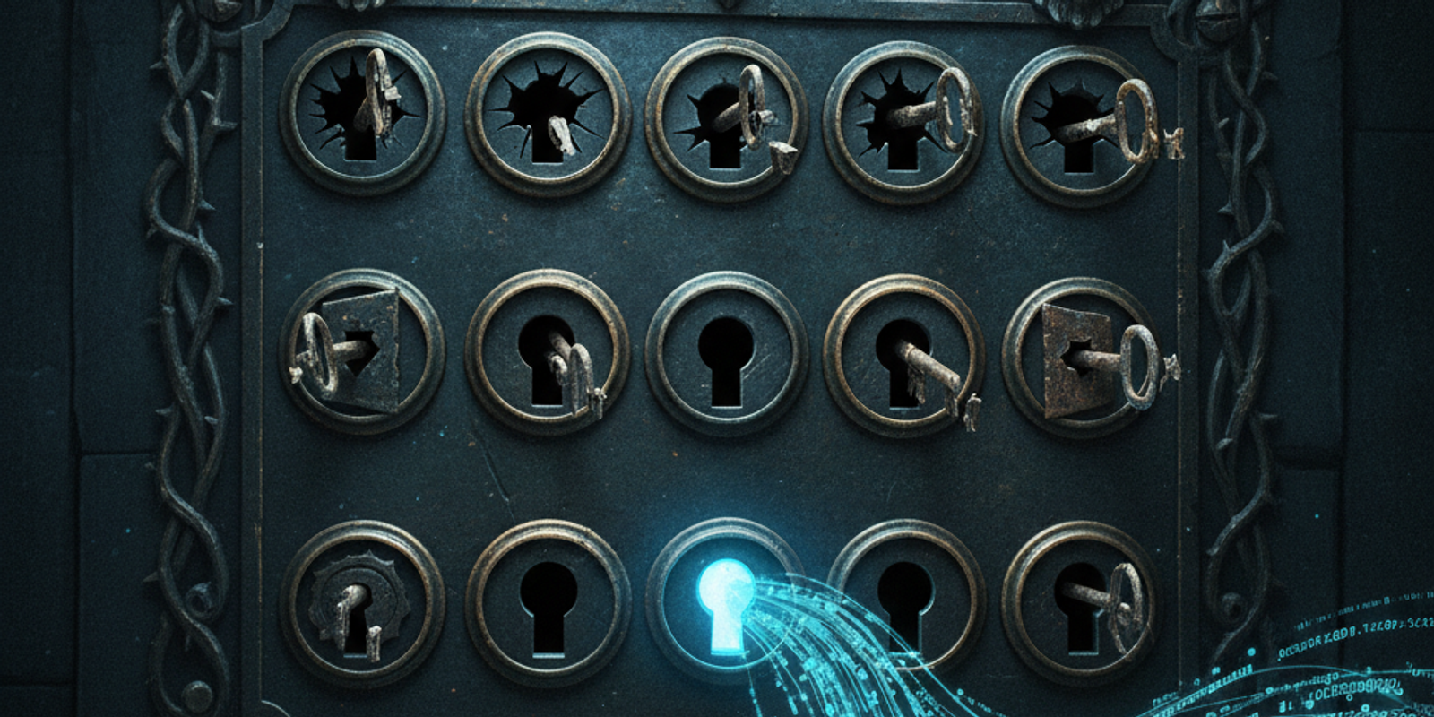 An illustration of a door with a broken 10-keyhole lock, contrasted with a single digital keyhole representing the SPF e