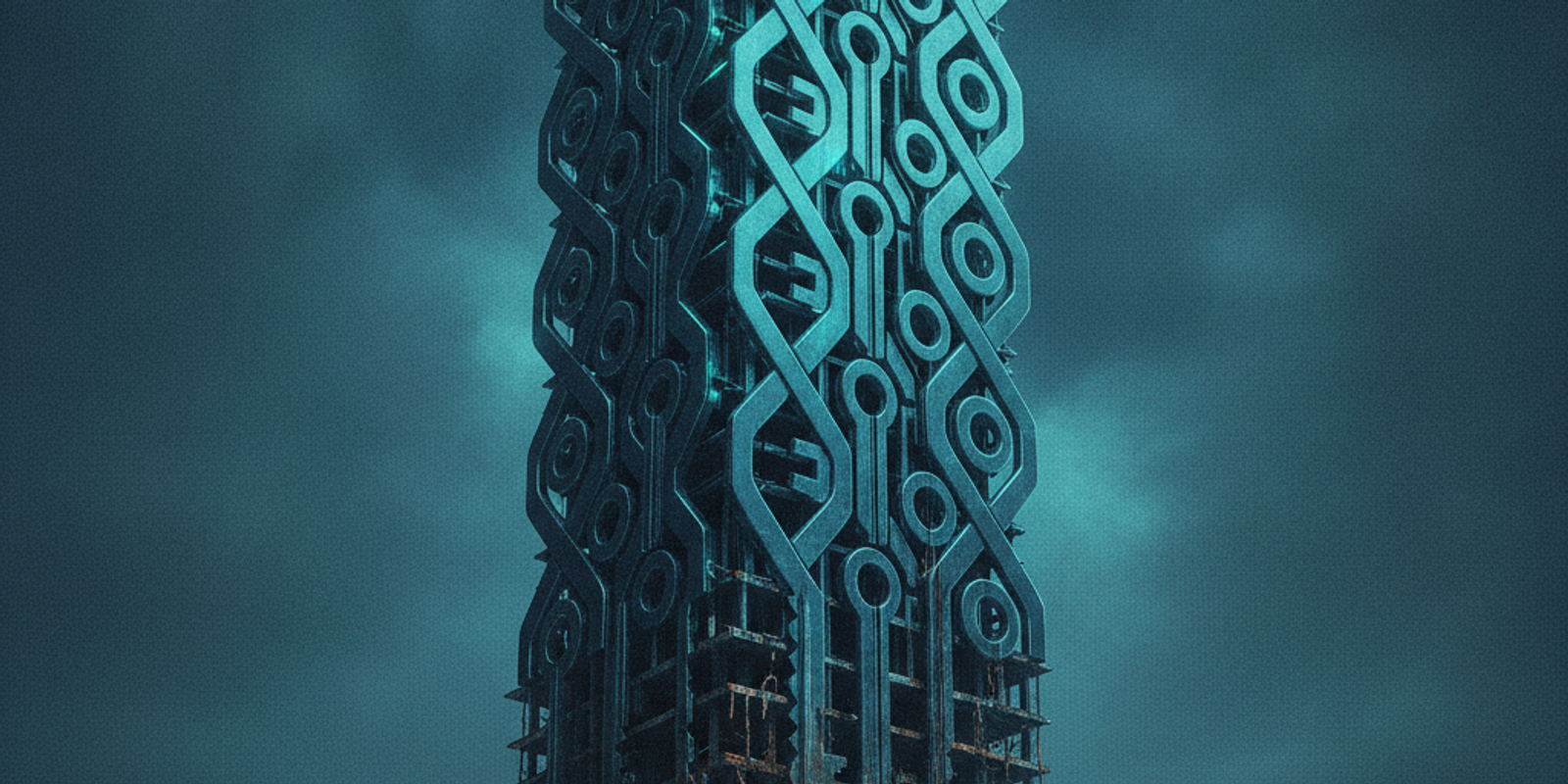 Conceptual illustration of a glowing corporate building with decaying cryptographic foundations.