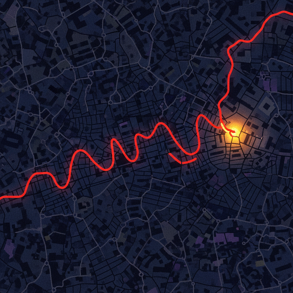 An abstract illustration of a city map with tangled paths, where one red line highlights a vulnerability in the system, 