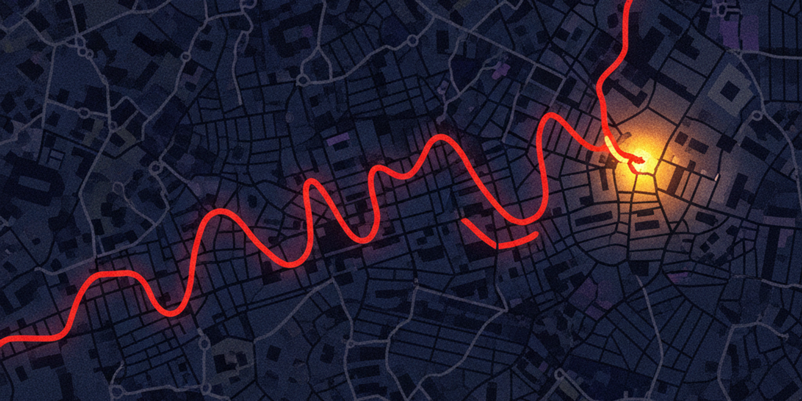 An abstract illustration of a city map with tangled paths, where one red line highlights a vulnerability in the system,