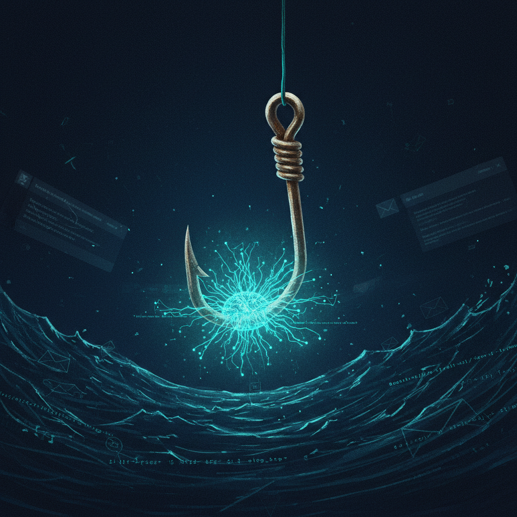 An editorial illustration of a fishing hook baited with a glowing AI neural network, symbolizing advanced AI phishing ta
