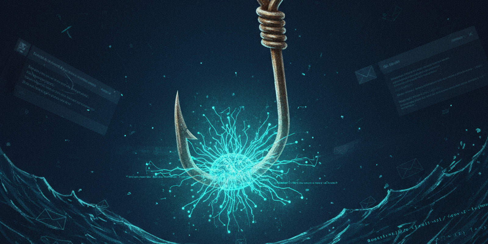 An editorial illustration of a fishing hook baited with a glowing AI neural network, symbolizing advanced AI phishing ta