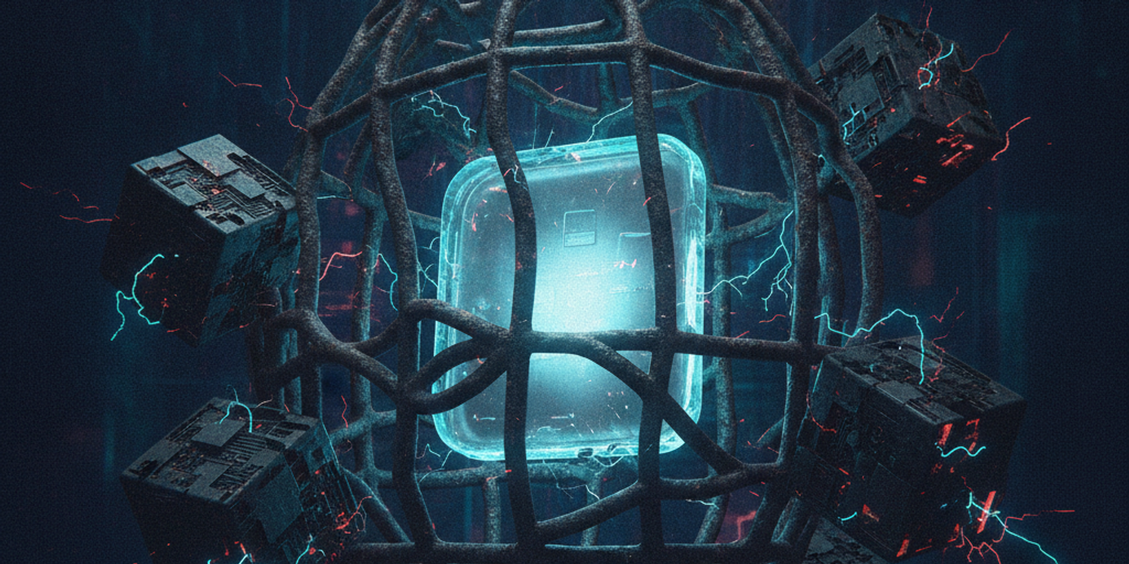A glowing clean data packet surrounded by corrupted data inside a cage, representing a clean domain on a blacklisted sha