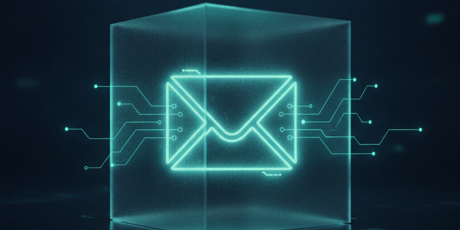 A glowing email envelope trapped inside a frosted glass quarantine cube