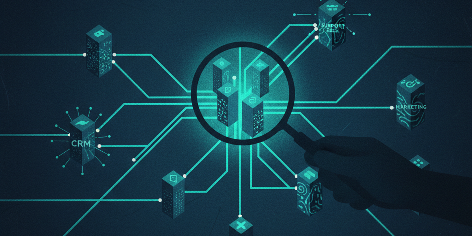 Editorial illustration of a blueprint showing connections between software services, representing an attacker mapping in