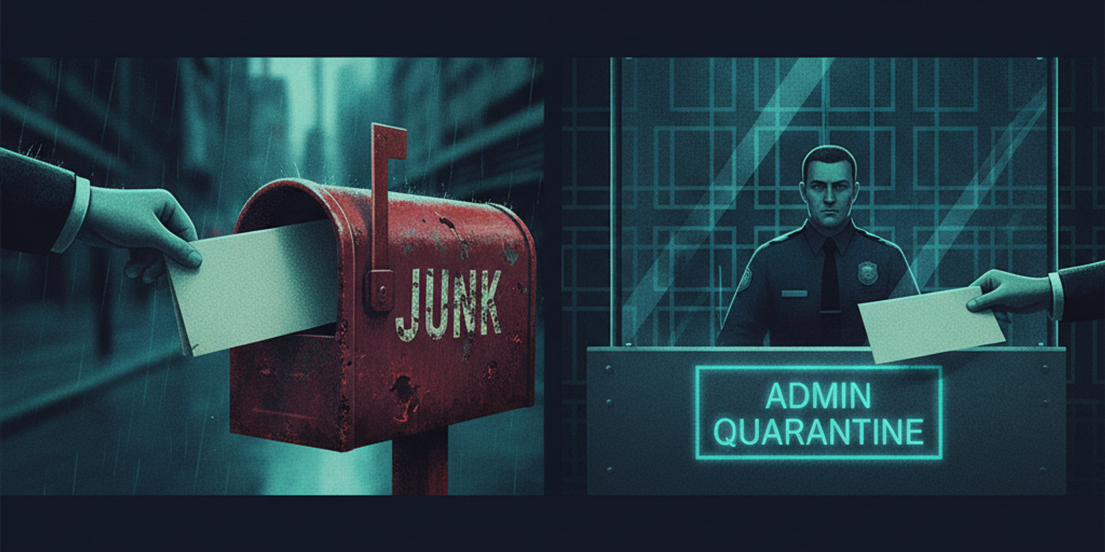 A split illustration showing an email going to a user's junk folder versus an admin quarantine, representing the differe