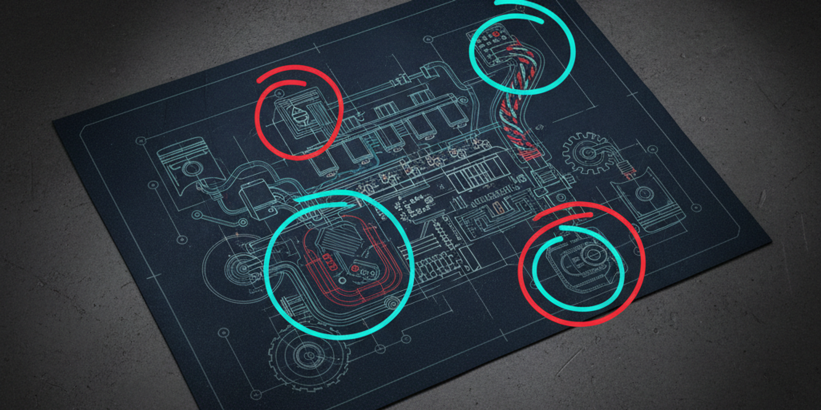 A detailed blueprint of a machine, representing an email's structure, with non-standard 'X-header' components circled in