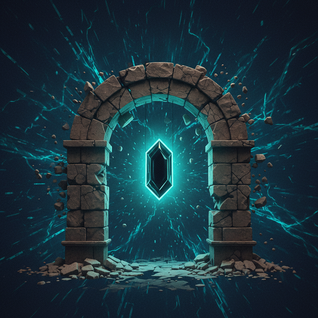 An illustration of a crumbling, ancient stone archway representing a vulnerable SPF record, with a malicious, glowing ke