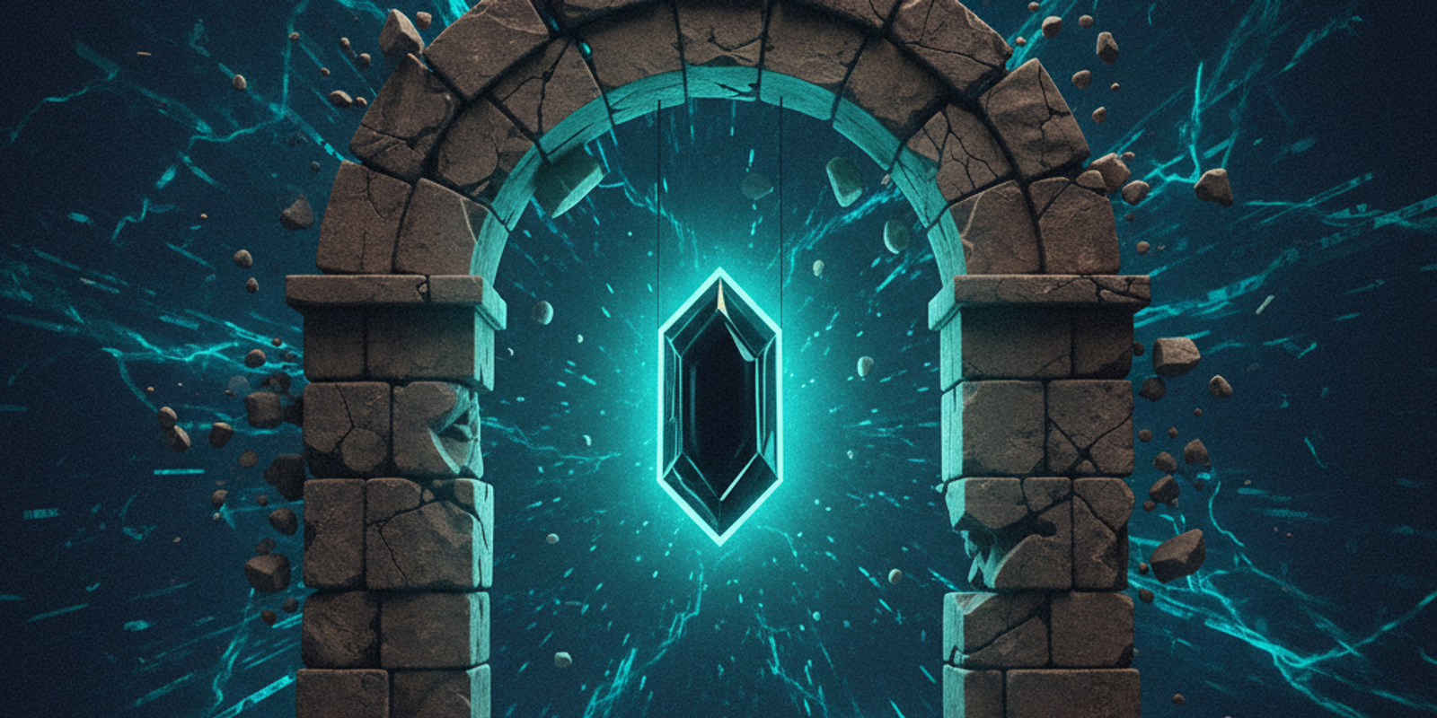 An illustration of a crumbling, ancient stone archway representing a vulnerable SPF record, with a malicious, glowing ke