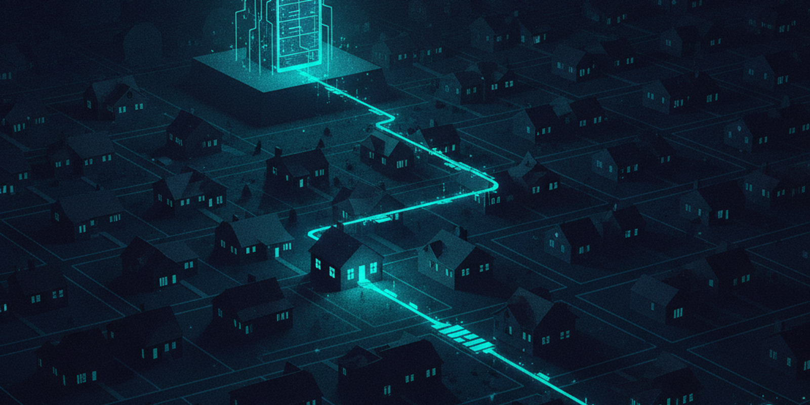 An illustration showing a malicious email originating from a single house in a dark suburb and traveling to a datacenter
