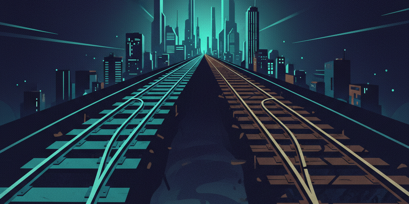 Illustration of a train track switch where one path leads to a bright city and the other, broken path leads to a dark ab