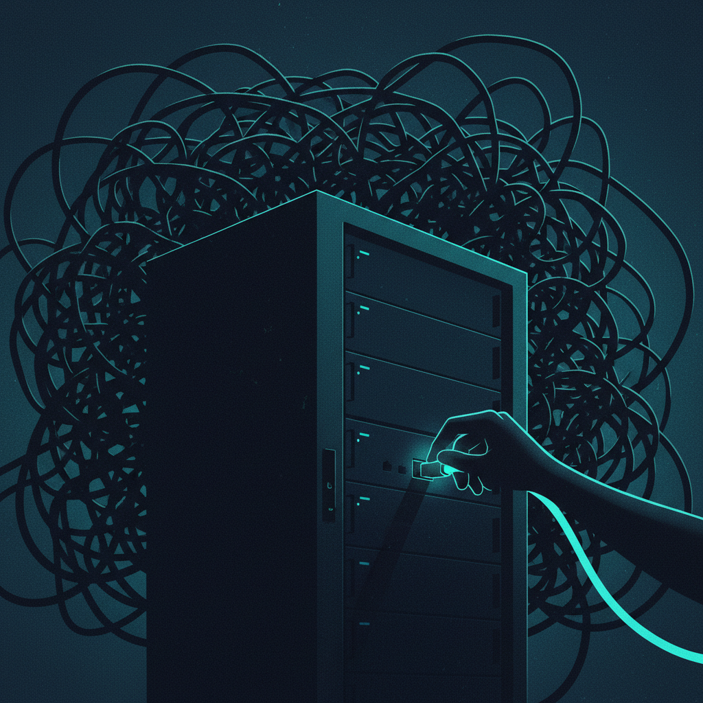 An illustration of a single glowing wire being correctly connected to a secure server, representing the process of fixin