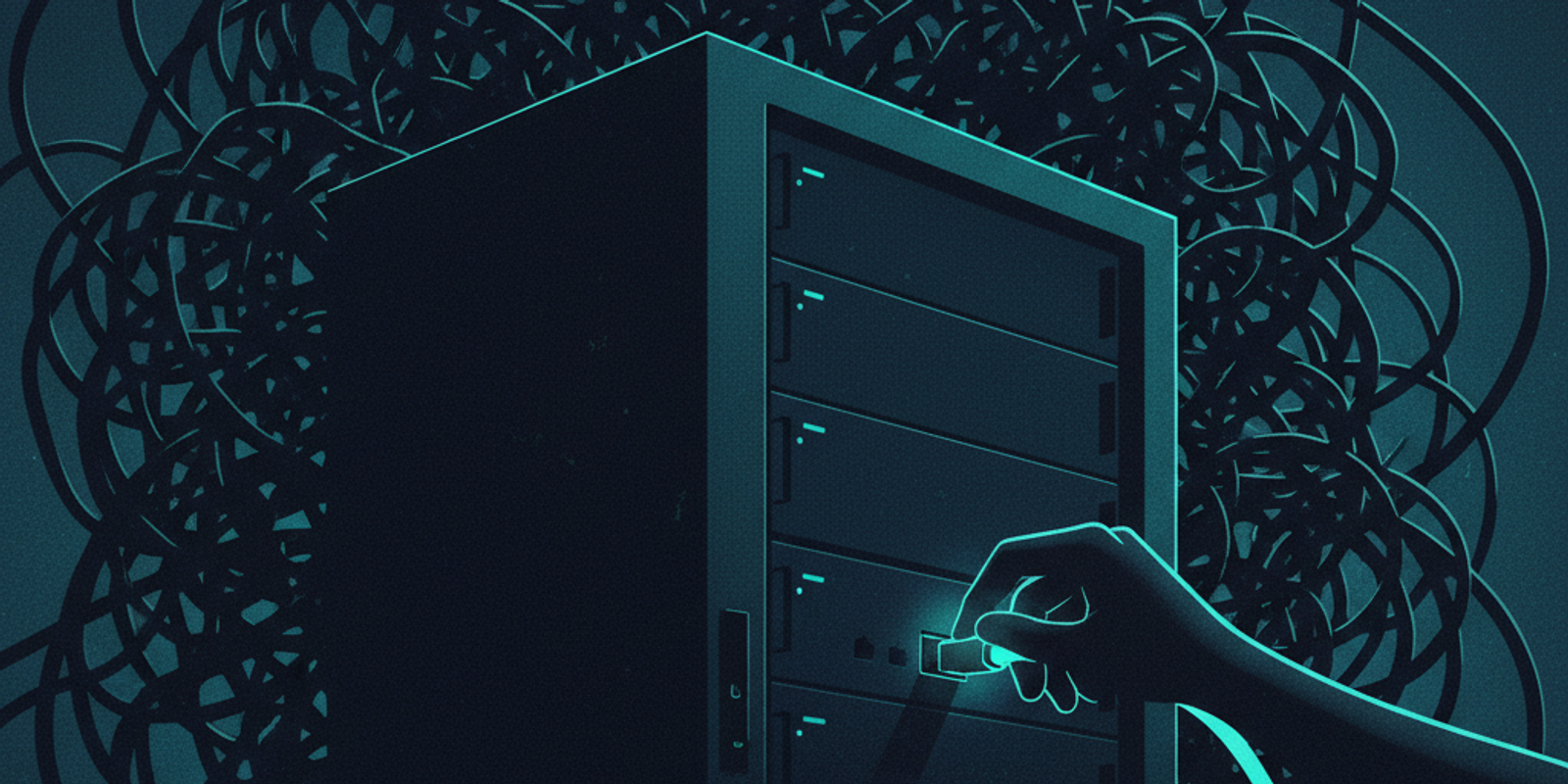 An illustration of a single glowing wire being correctly connected to a secure server, representing the process of fixin