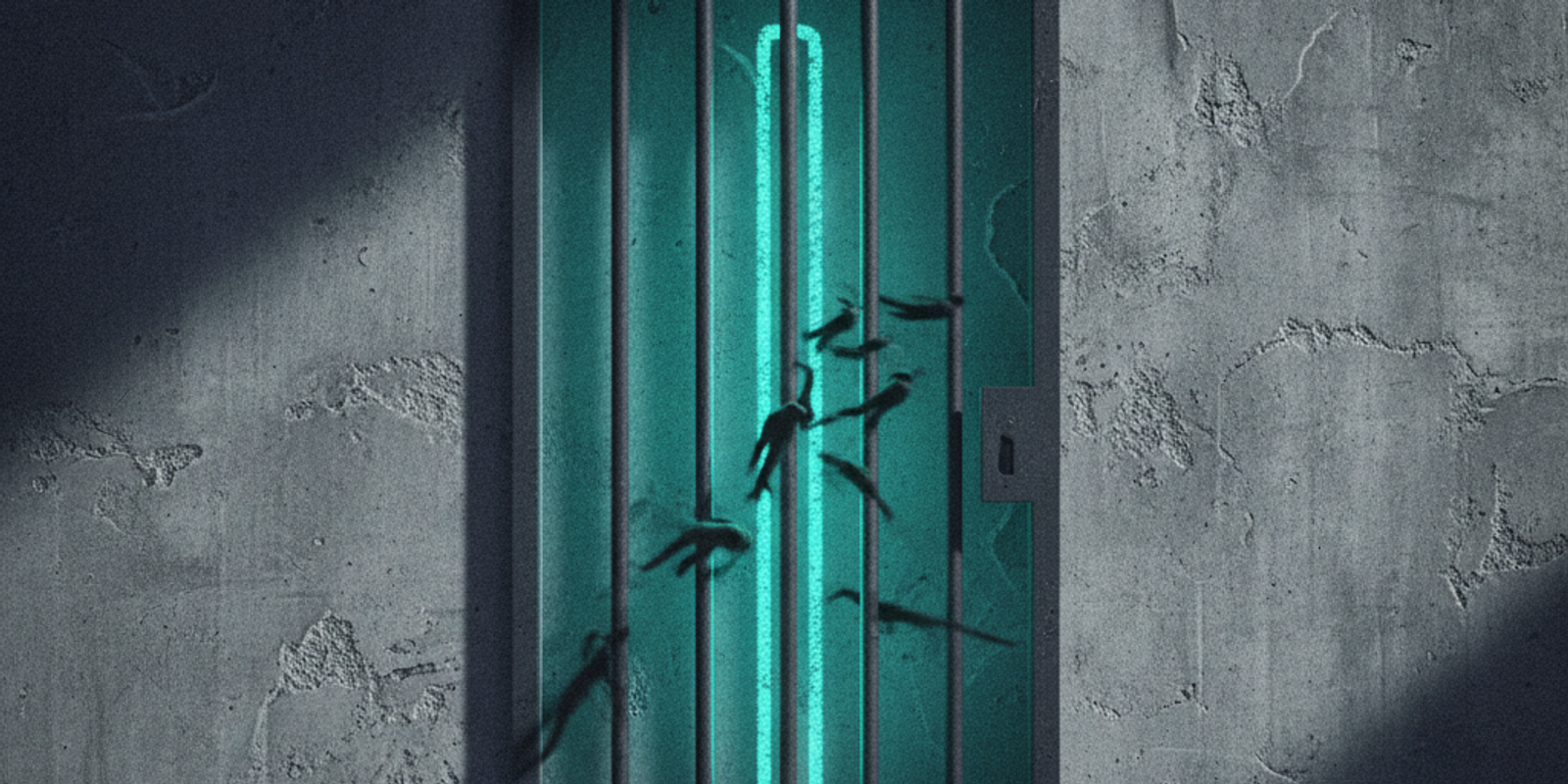 An illustration of a security wall where a gate has a missing bar, represented only by a chalk outline, allowing threats