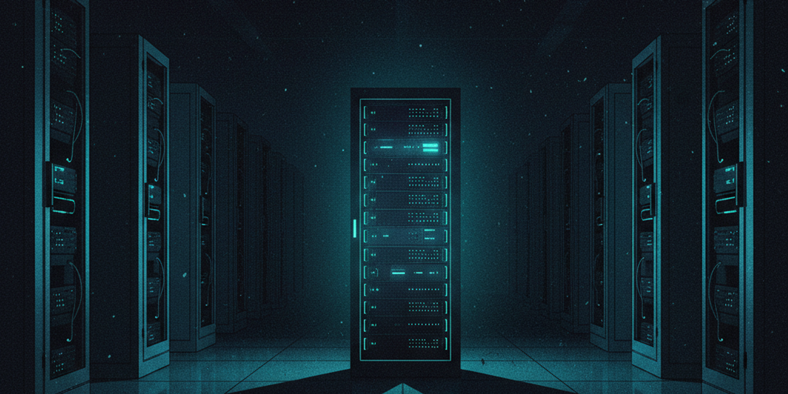 An illustration of a single highlighted server rack in a dark data center, symbolizing a red teamer's carefully chosen I
