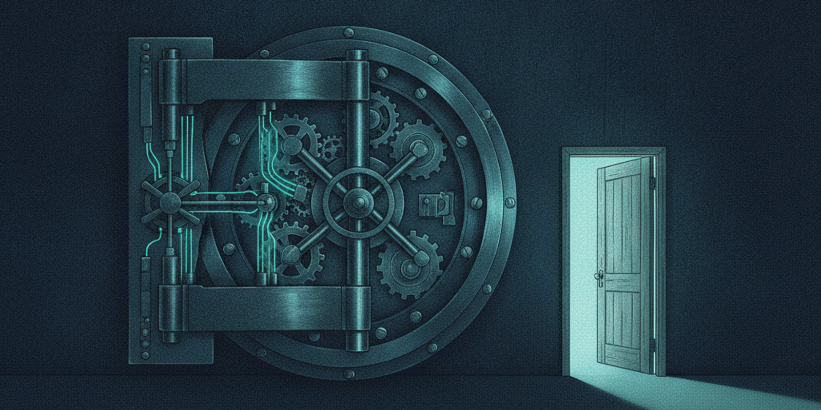 A heavily armored vault door next to a small, unguarded open side door in a dark setting.