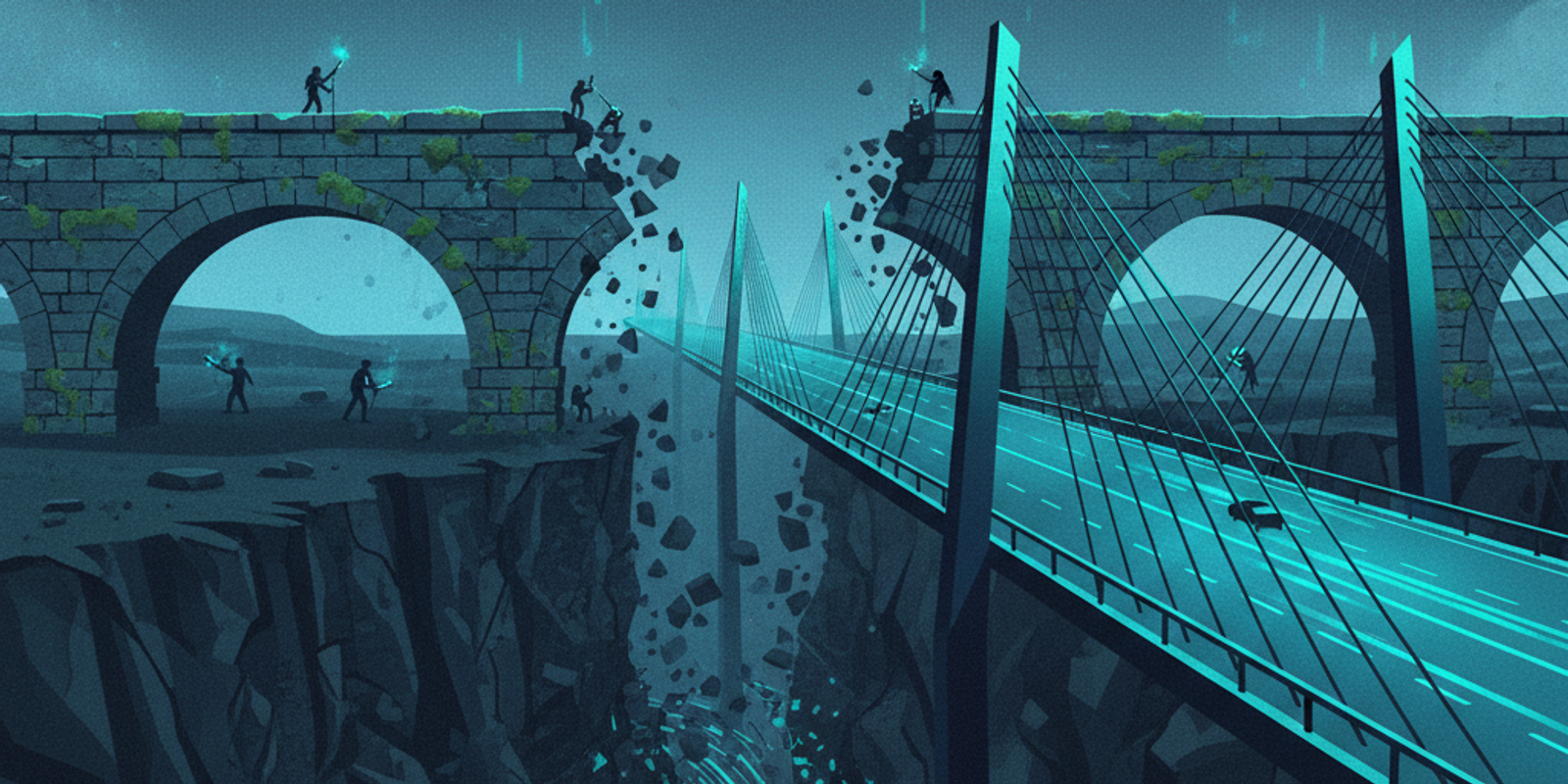 Illustration of an old stone bridge being replaced by a new metal one, symbolizing a safe technology migration without d