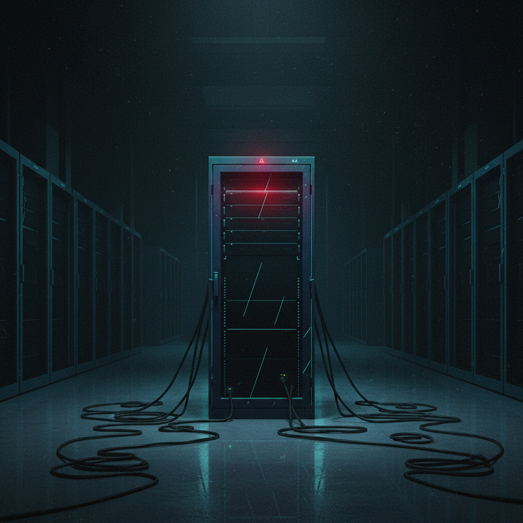 An illustration of a server rack with a red warning light, isolated in a dark data center, representing a blacklisted ma