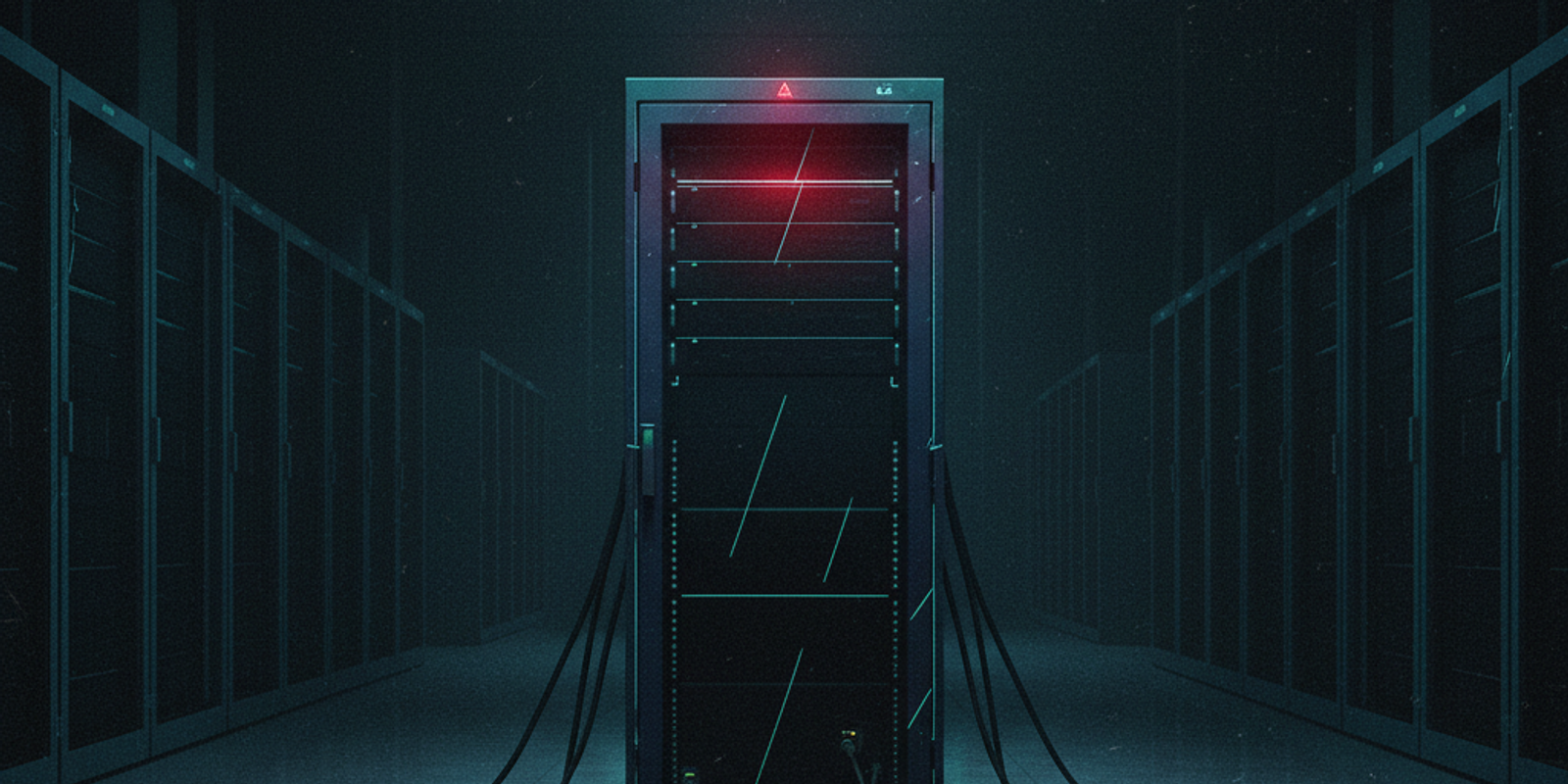 An illustration of a server rack with a red warning light, isolated in a dark data center, representing a blacklisted ma