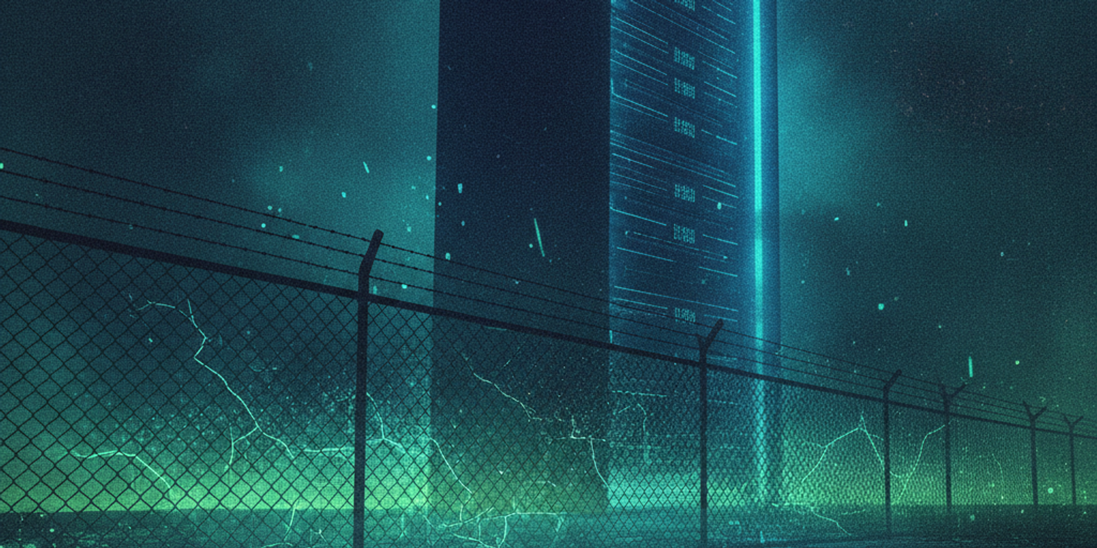 A glowing teal chain-link fence isolating a server rack in a dark navy room.