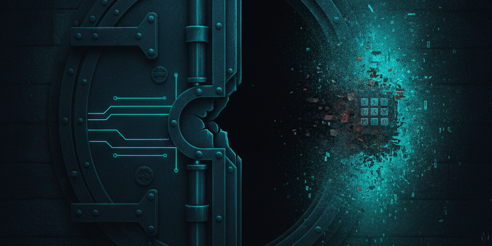 A heavy vault door with a crumbling digital keypad, representing weak vendor identity controls.