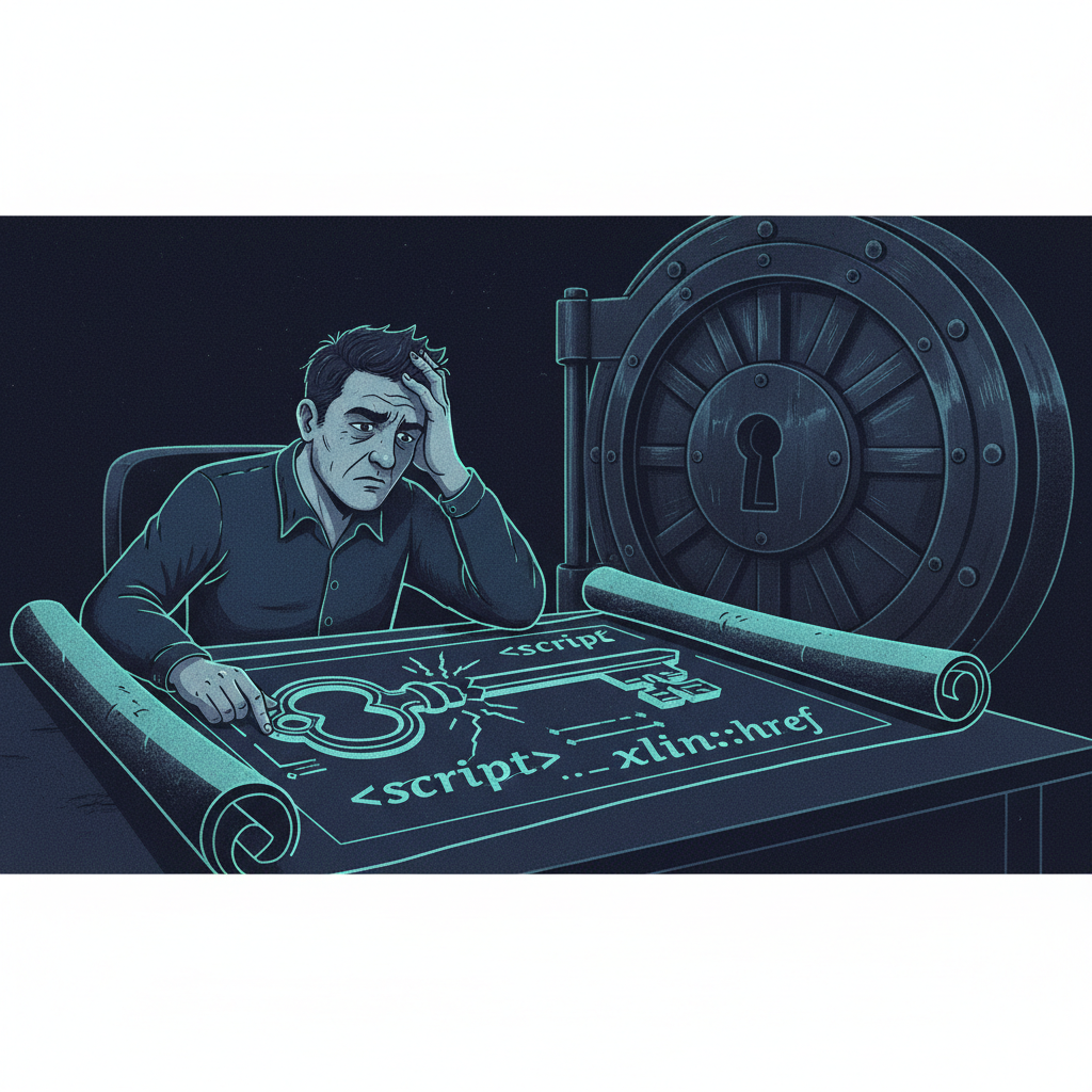 An illustration of a key with broken teeth representing invalid SVG code, failing to open a large vault door symbolizing