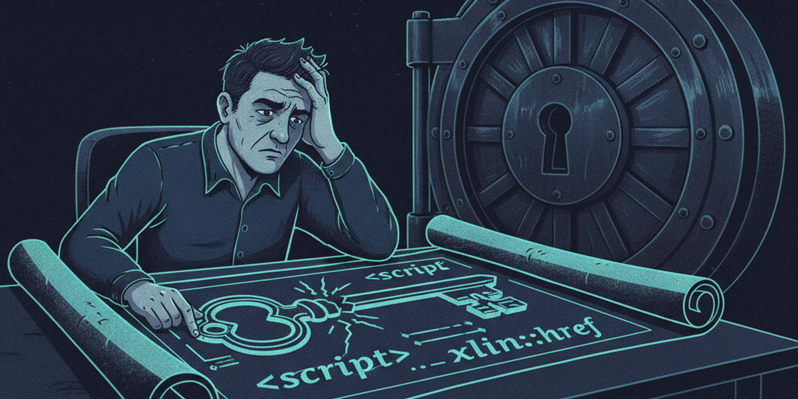 An illustration of a key with broken teeth representing invalid SVG code, failing to open a large vault door symbolizing
