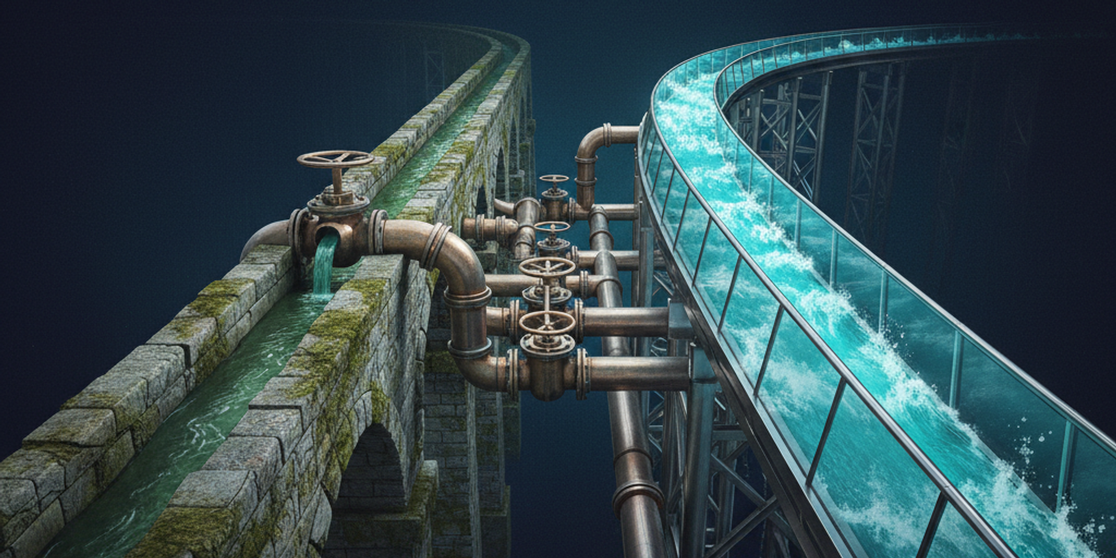 An illustration of two aqueducts, one old and one new, with water being diverted between them, symbolizing a zero-downti