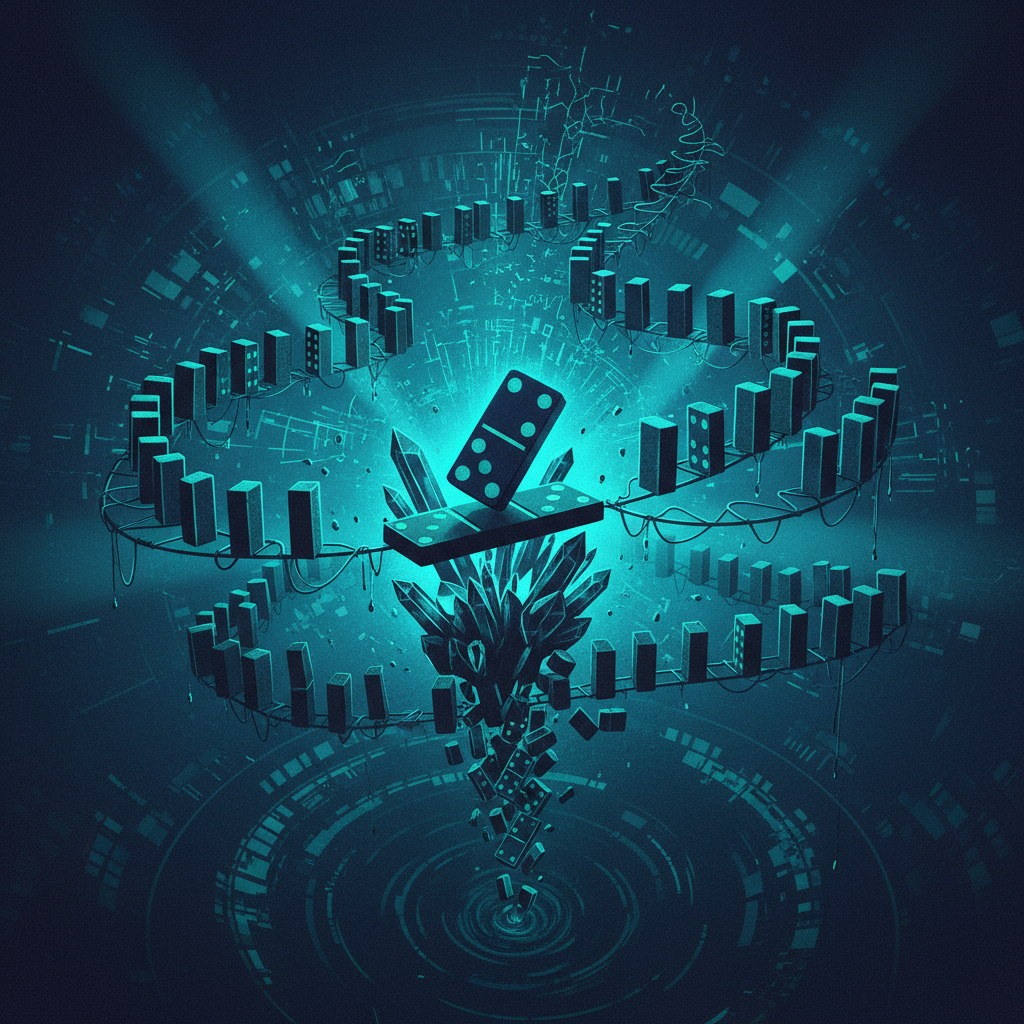 An illustration showing a precarious chain of dominoes, representing how a fragile third-party SPF 'include' can cause c