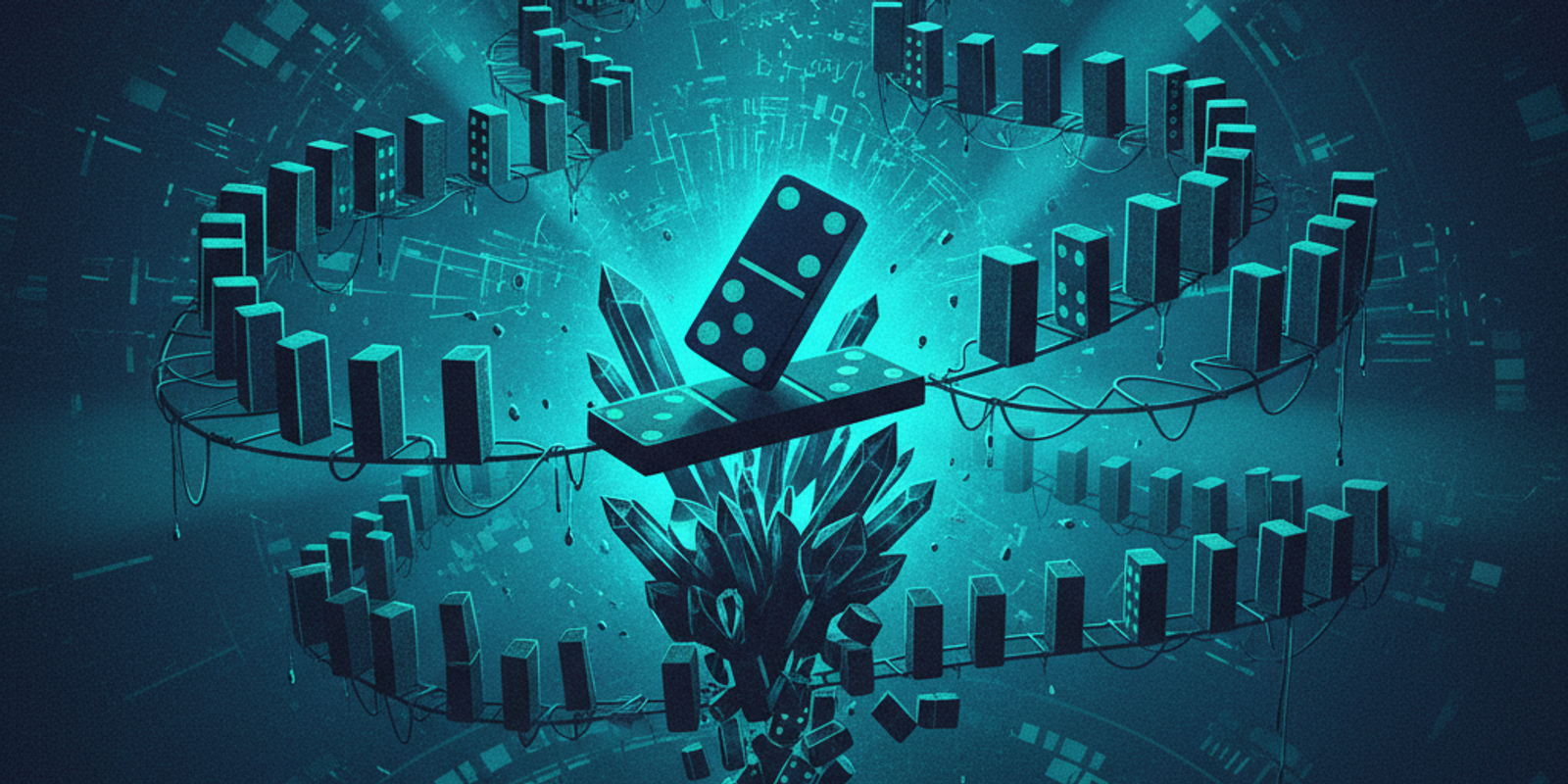 An illustration showing a precarious chain of dominoes, representing how a fragile third-party SPF 'include' can cause c