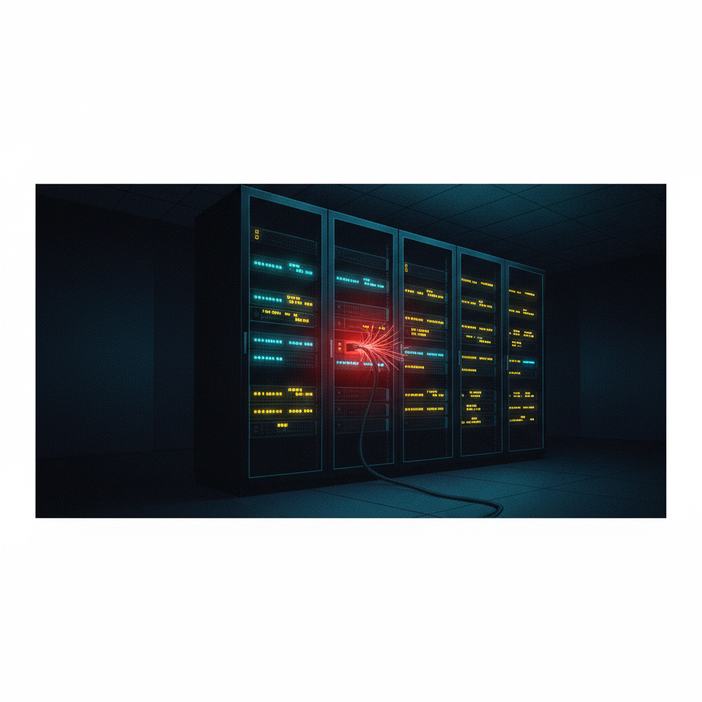An editorial illustration of a server rack where one bad, glowing red cable causes the entire system's status lights to 