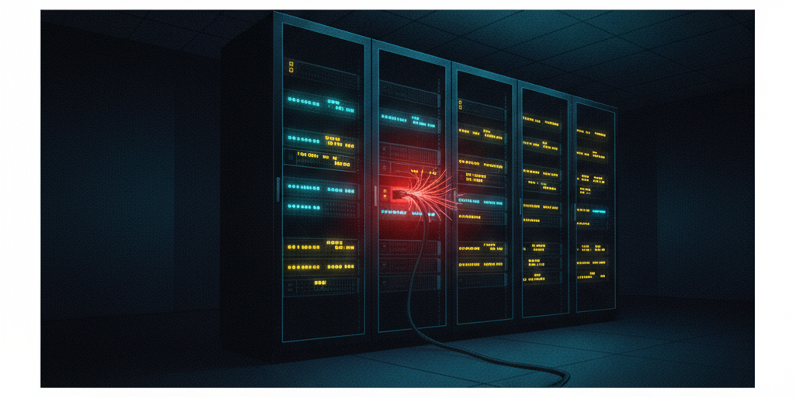 An editorial illustration of a server rack where one bad, glowing red cable causes the entire system's status lights to