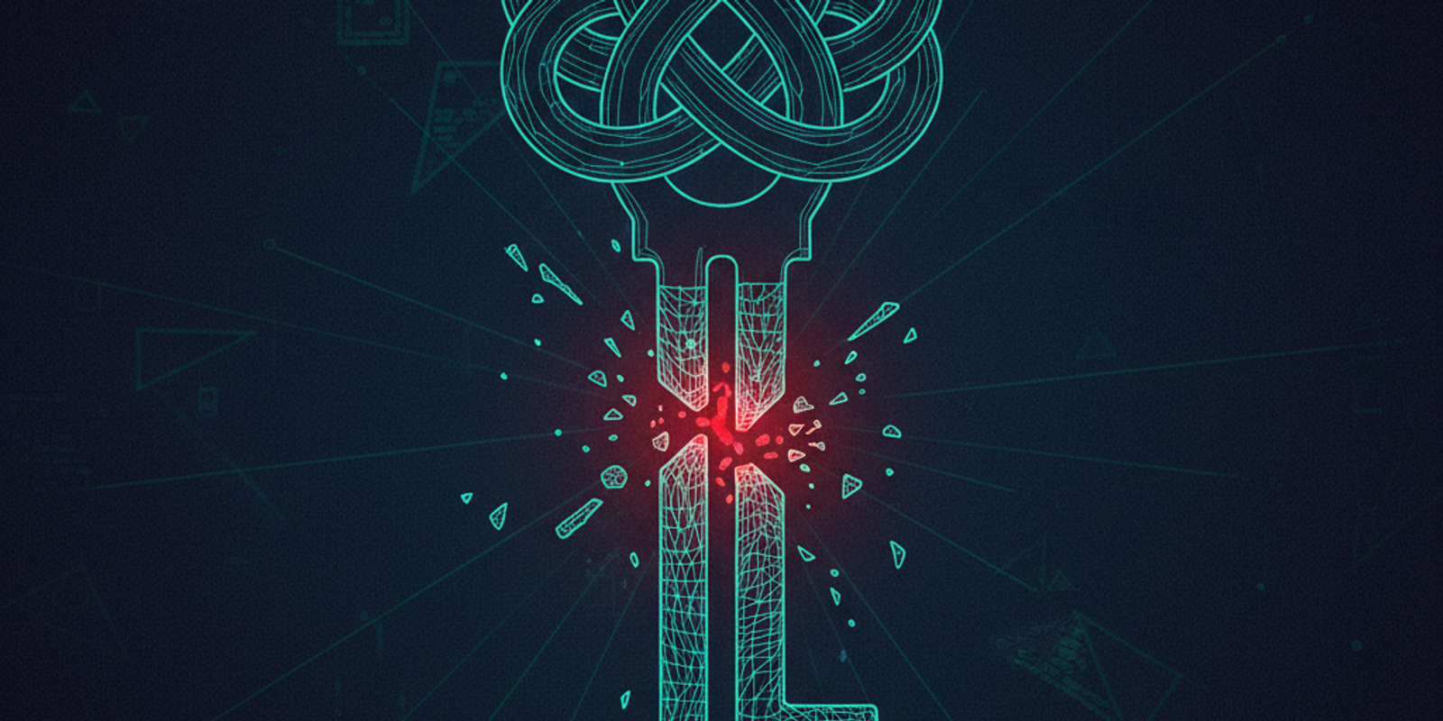 Editorial illustration of a digital key's wireframe, with one glowing red broken link symbolizing a DKIM selector failur