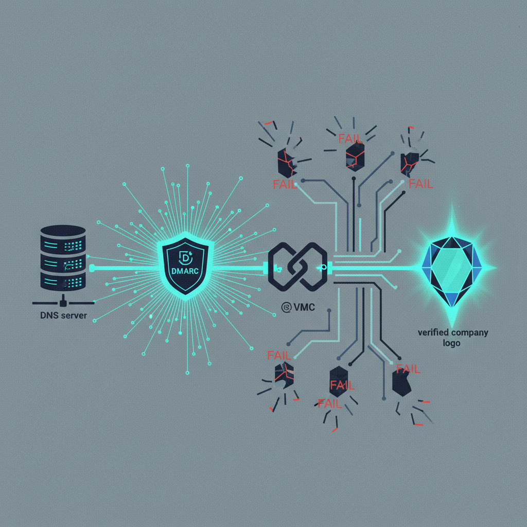 An abstract diagram showing the validation path for a BIMI email logo, from a DNS server through DMARC and VMC checks to