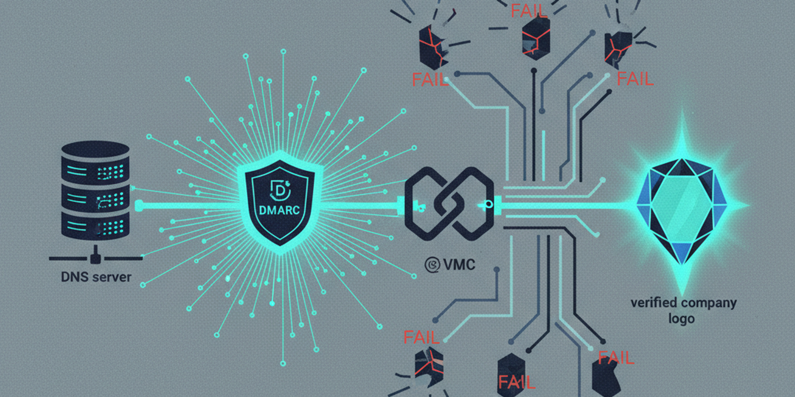 An abstract diagram showing the validation path for a BIMI email logo, from a DNS server through DMARC and VMC checks to