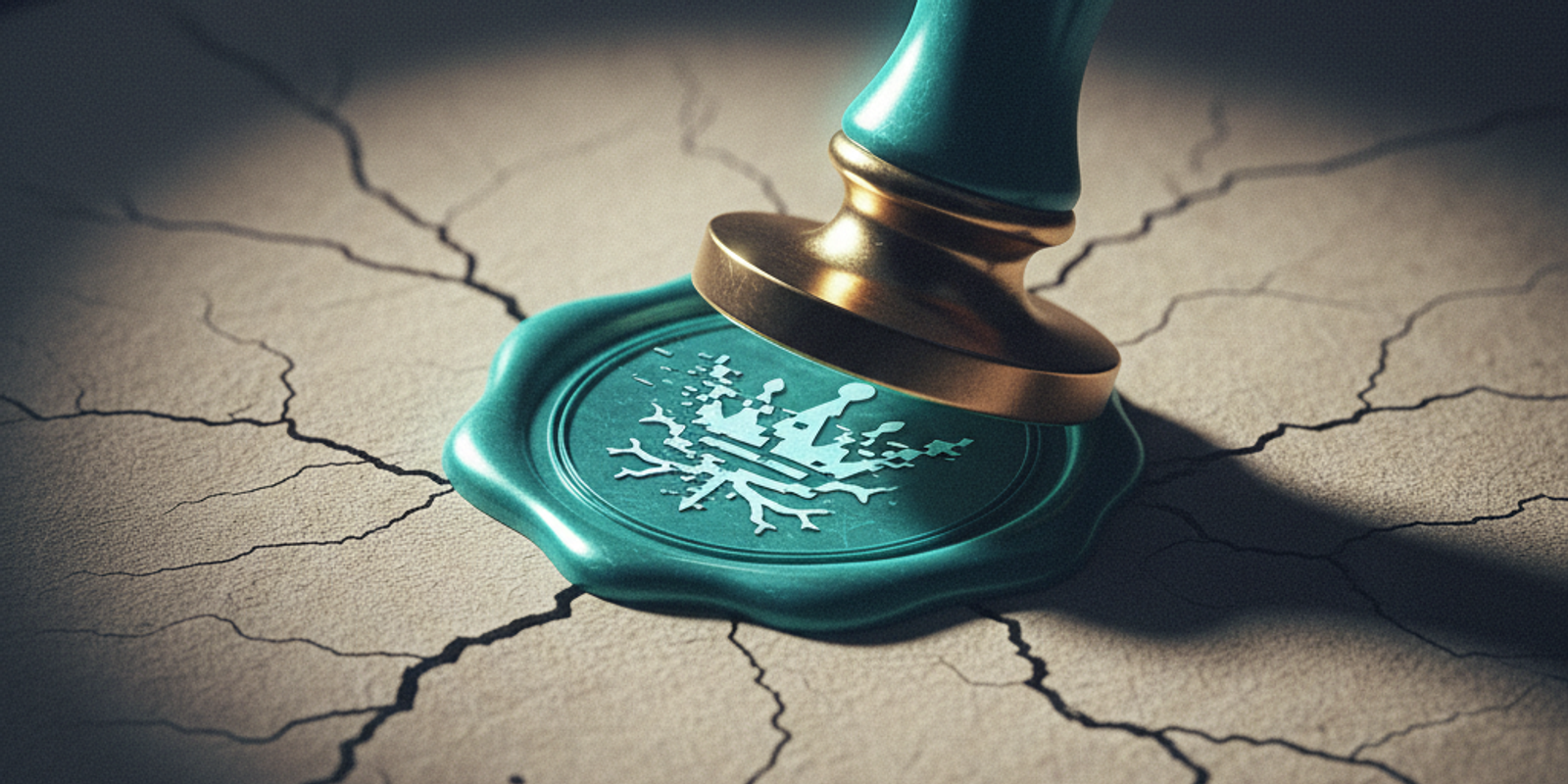 An illustration of a wax seal with a corporate logo being stamped on a phishing email, symbolizing how trust signals can