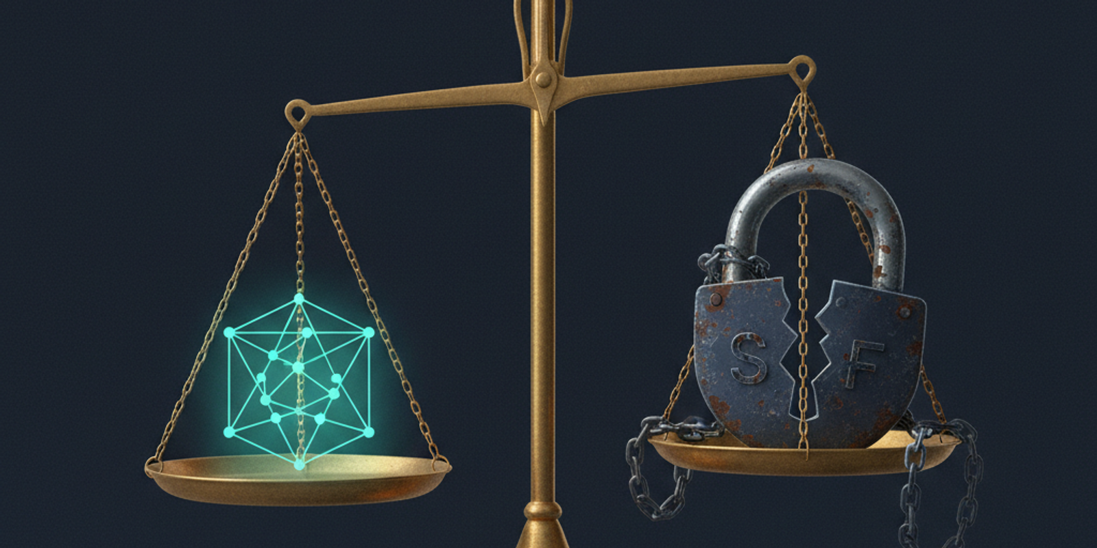 An illustration of a scale tipped heavily to one side, showing that a weak SPF record outweighs a clean IP reputation in