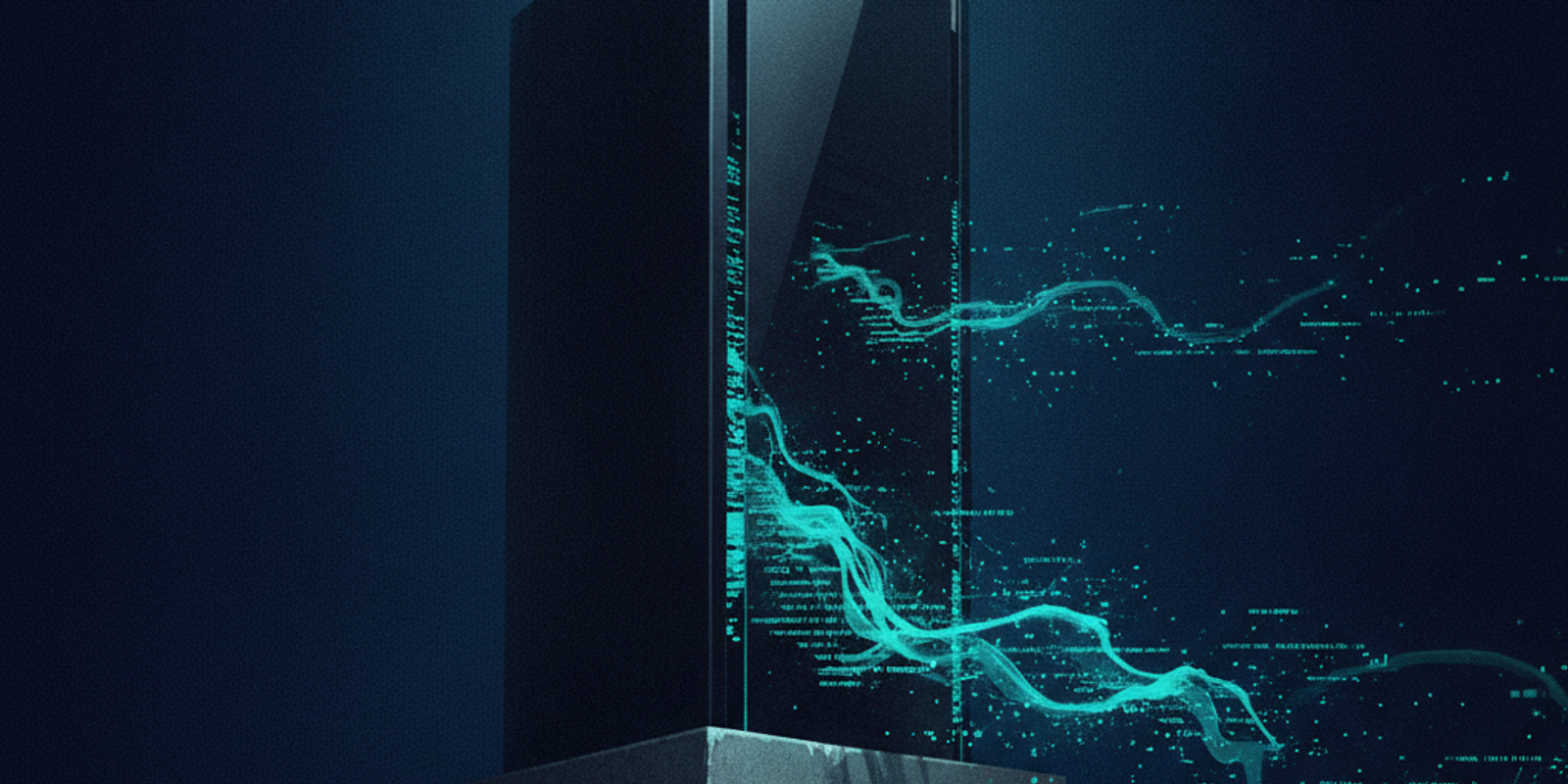 A black server appliance leaking bright teal data streams into a dark background.