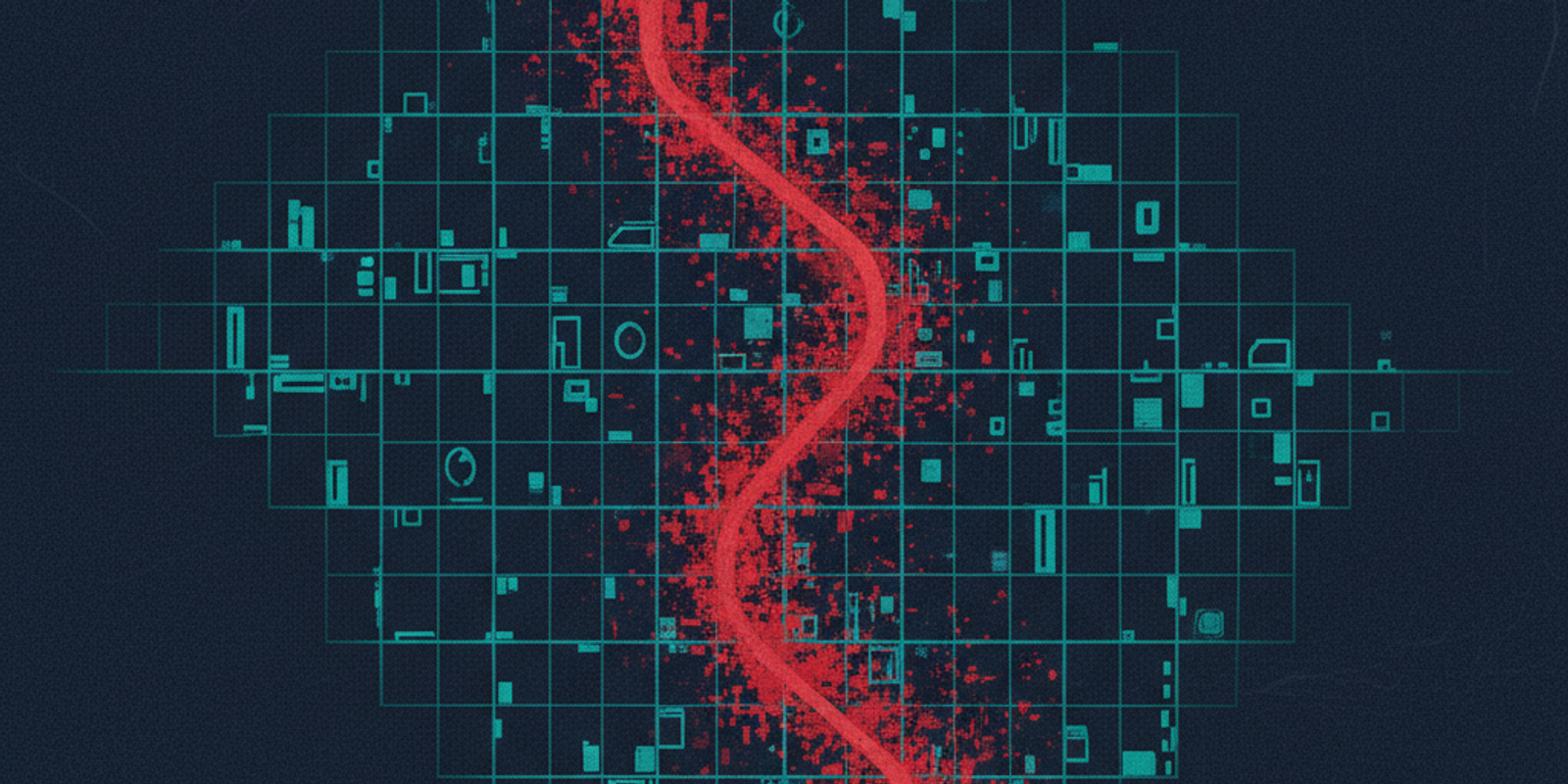 An illustration of a city map where one red, corrupted street contaminates the surrounding blue grid, symbolizing a mali