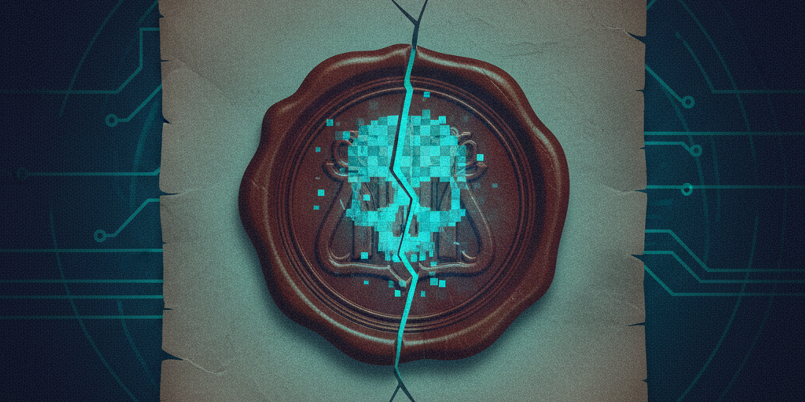 An illustration of a broken wax seal on a document, with a glowing digital skull visible through the crack, symbolizing