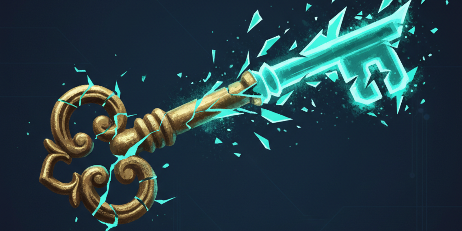 Illustration of a cracking antique key, symbolizing a compromised 1024-bit DKIM key, with malicious digital light emergi