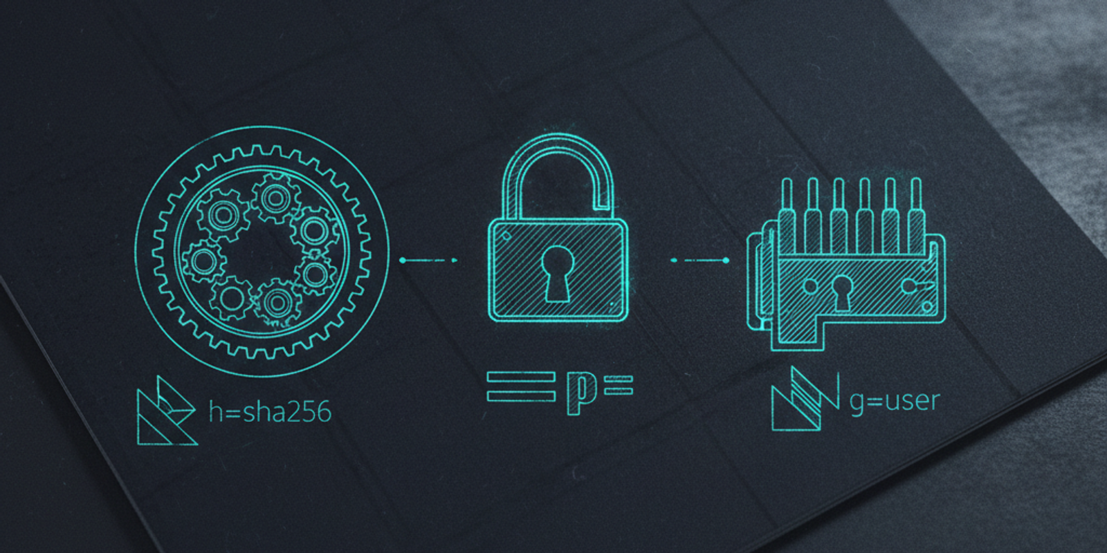 An illustration of a DKIM blueprint, showing a standard key ('p=') being enhanced with advanced mechanisms for hash algo