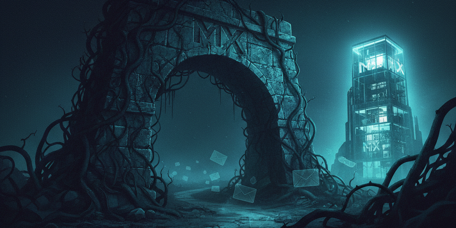 An illustration showing a crumbling, ancient MX record archway next to a modern, active one, representing the danger of
