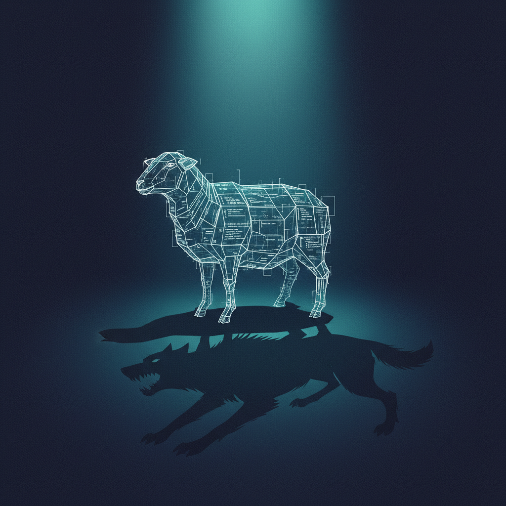 An illustration of a digital sheep whose shadow reveals the shape of a wolf, a metaphor for a lookalike phishing domain 