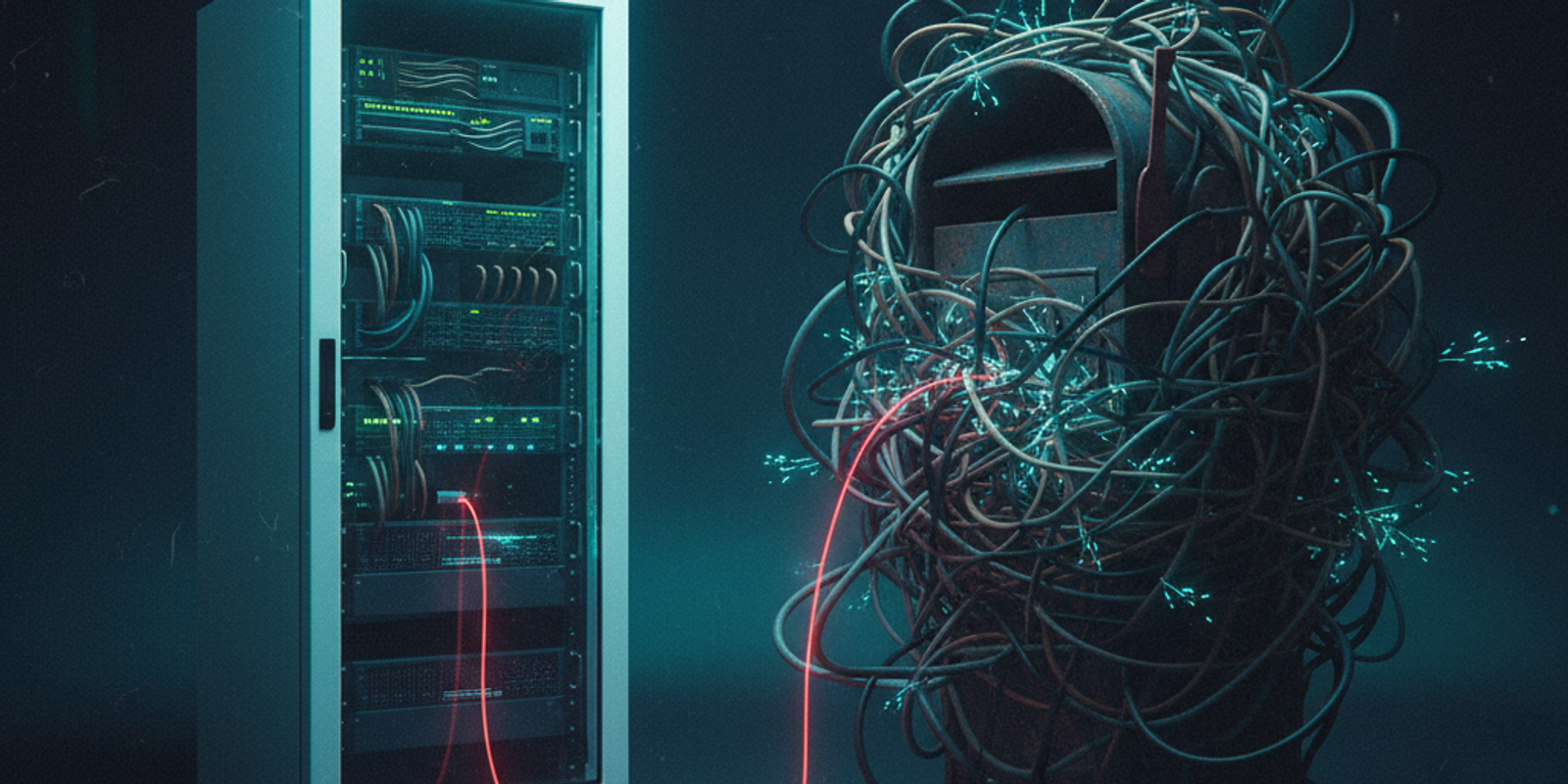 An illustration showing a clean server rack connected by a single glowing red wire to a tangled, corrupted mailbox, symb