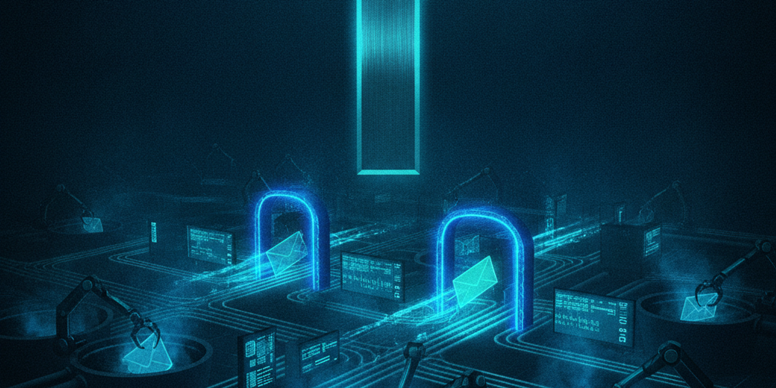 Abstract illustration of a metallic tilde symbol diverting email envelopes into dark pits inside a digital sorting facil
