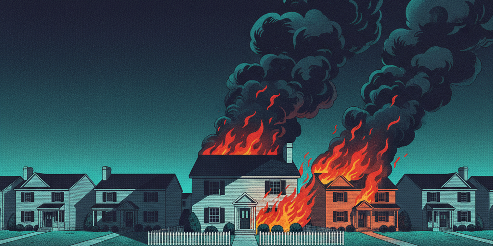 Illustration of a nice house overshadowed by smoke from a neighbor's house on fire, representing a shared IP blacklist p