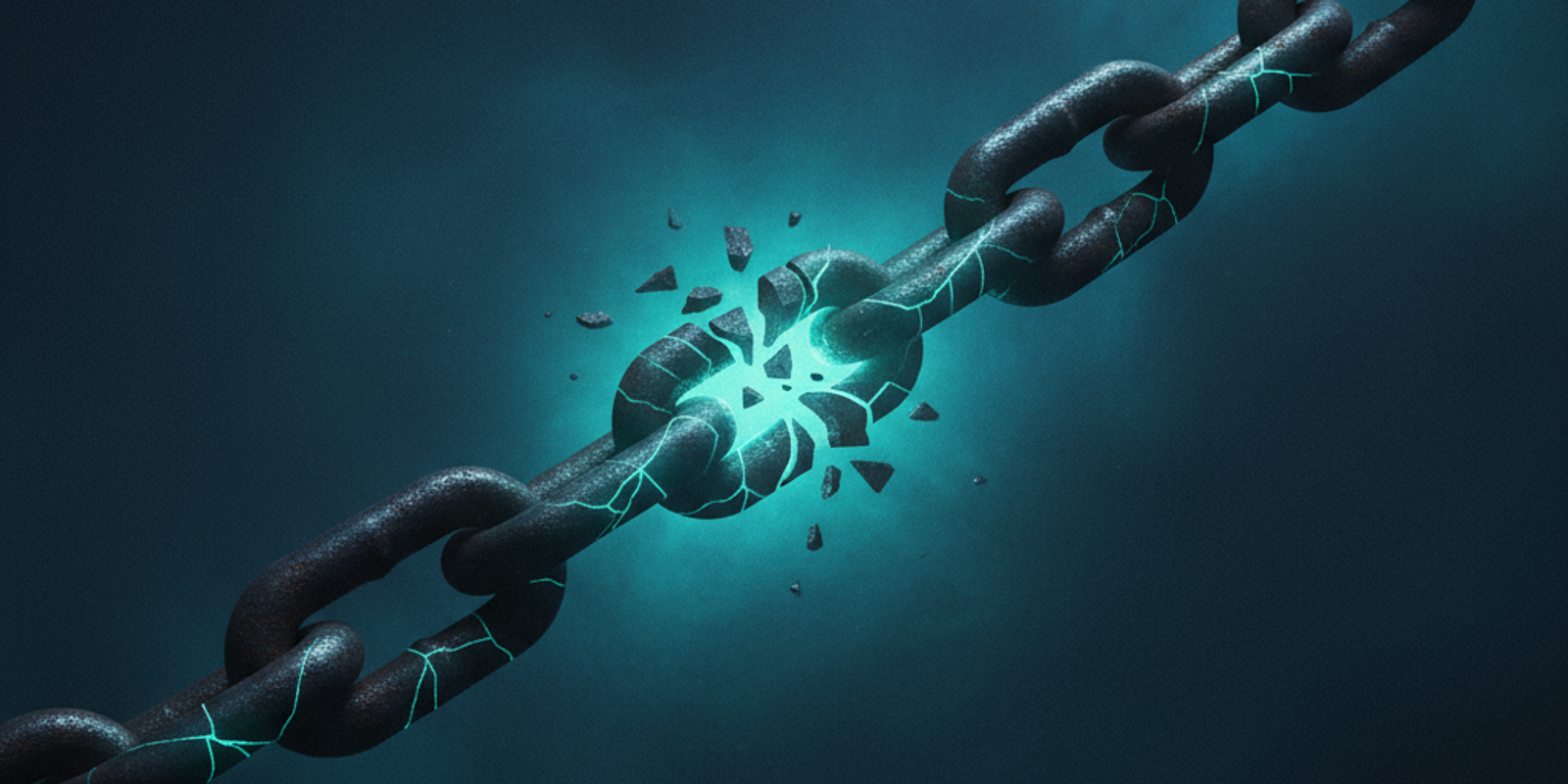 An editorial illustration of a heavy chain with one broken, glowing link, symbolizing how a single void lookup in an SPF