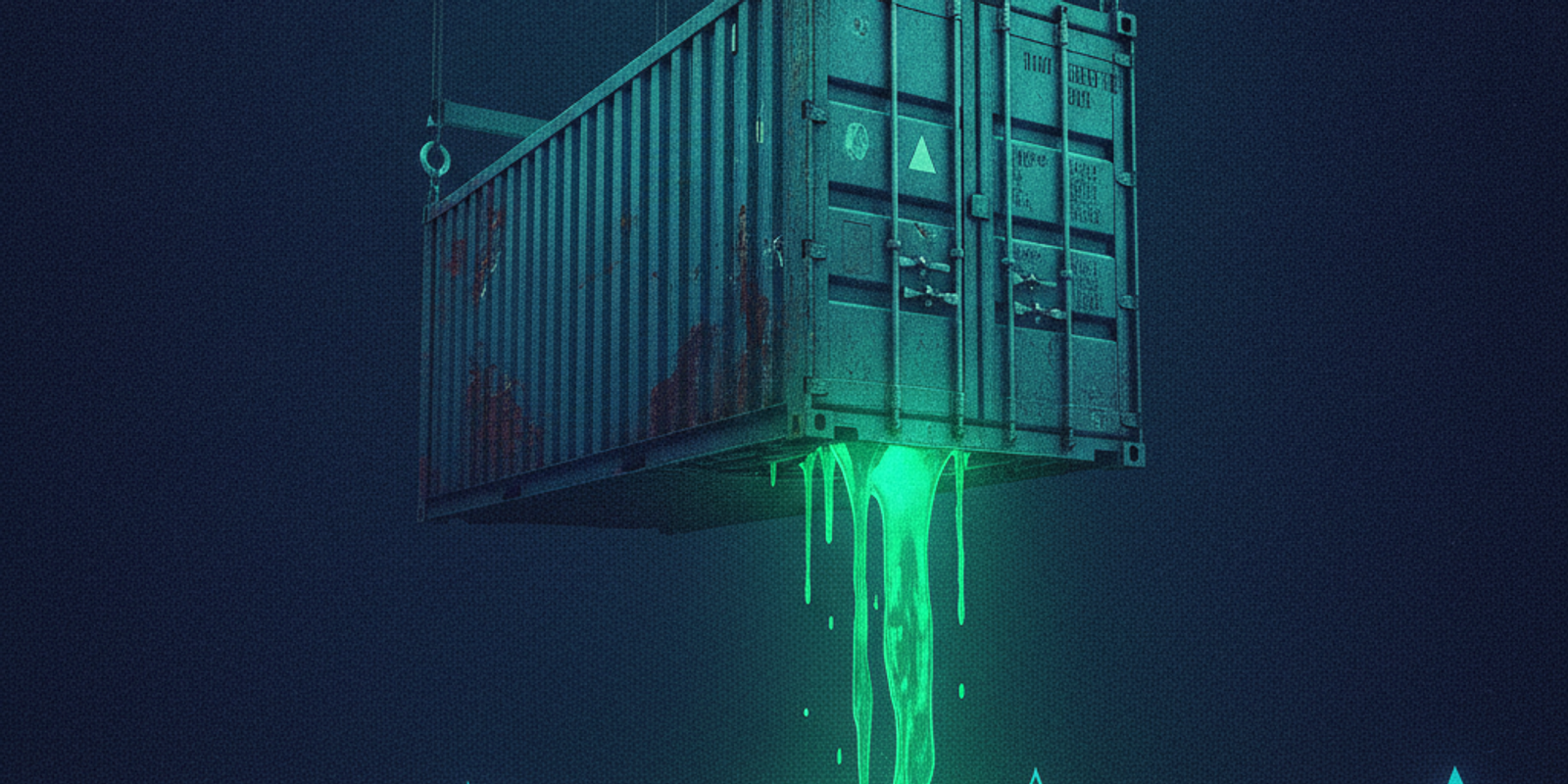 A metallic shipping container leaking glowing green fluid from a hidden false bottom.